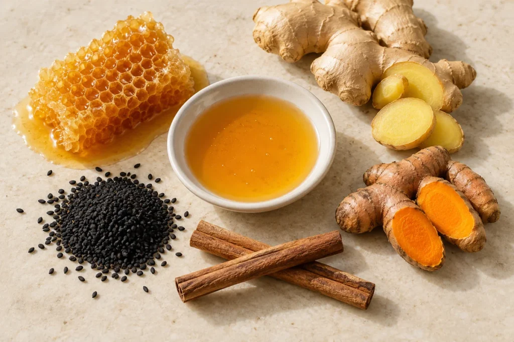 Madu, sarang madu, jahe, kunyit, jintan hitam, dan kayu manis tanpa kemasan