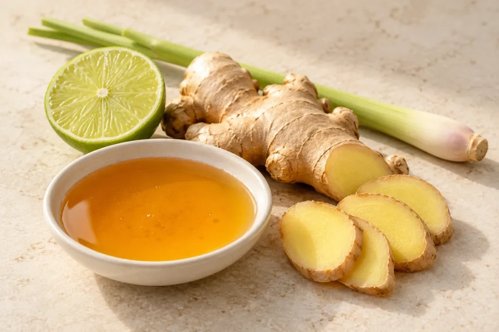 Madu, jahe segar dan irisannya, jeruk nipis, serta serai